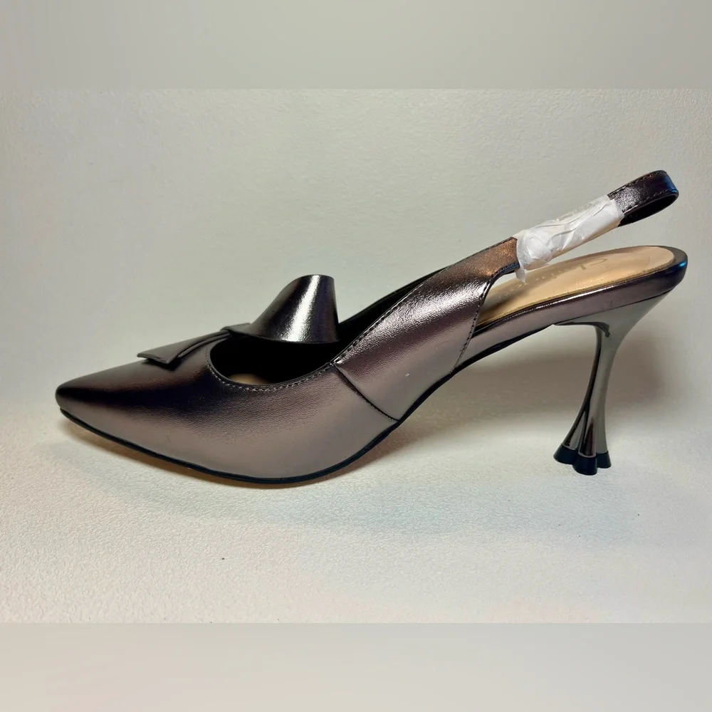 NIB Clmhoe Metallic Slingback Heels Size 6.5 Pointed Toe Bow Kitten Heel - Picture 4 of 6